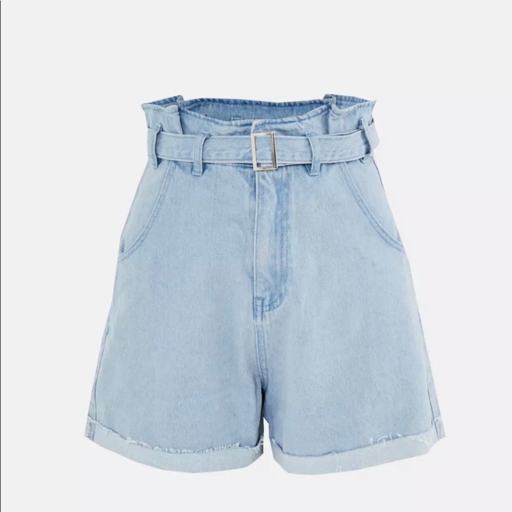 Light blue denim belted shorts